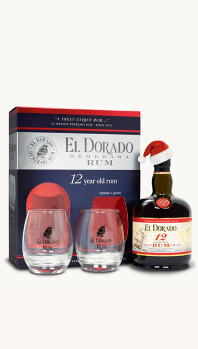 EL DORADO RUM 12 years old with 2 Glasses Dressed in Santa's Hat Save 30%