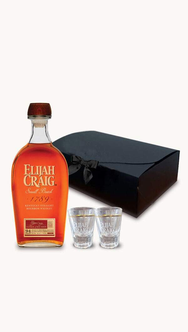 Wrap Up the Perfect Gift with Elijah Craig Small Batch, 2 Shot Glasses in a black box!