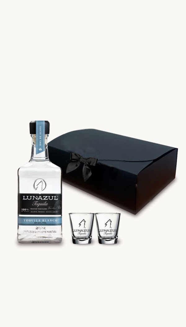 Wrap Up the Perfect Gift with Lunazul Blanco with 2 Shot Glasses in a black box!