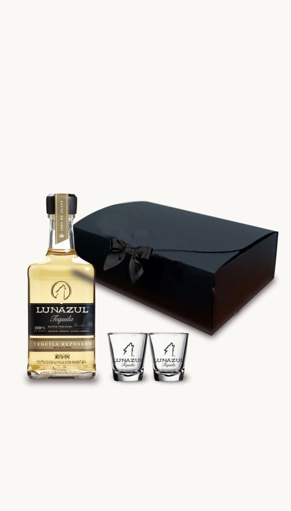 Wrap Up the Perfect Gift with Lunazul Reposado Tequila with 2 Shot Glasses in a black box!