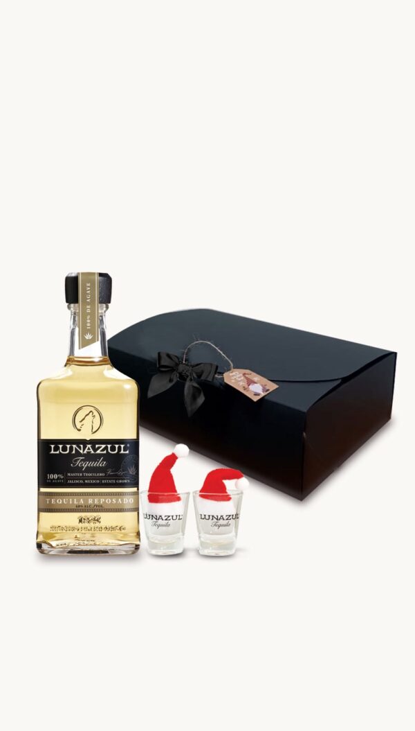 Wrap Up the Perfect Gift with Lunazul Reposado Tequila with 2 Shot Glasses and Santa Hats!