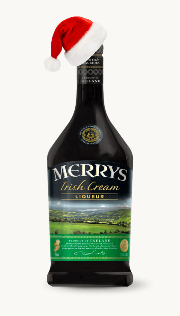 MERRYS IRISH CREAM LIQUEUR Original with a Bottle Santa Hat!